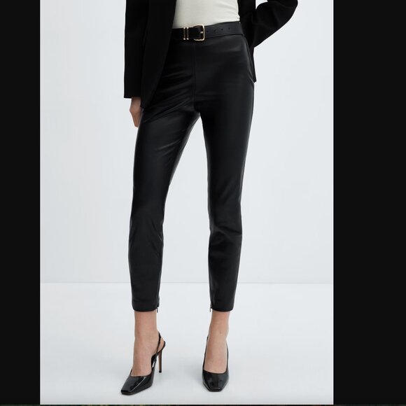 MANGO Women Black Leather-Effect Split Hems Leggings Size M NWT - Picture 2 of 11